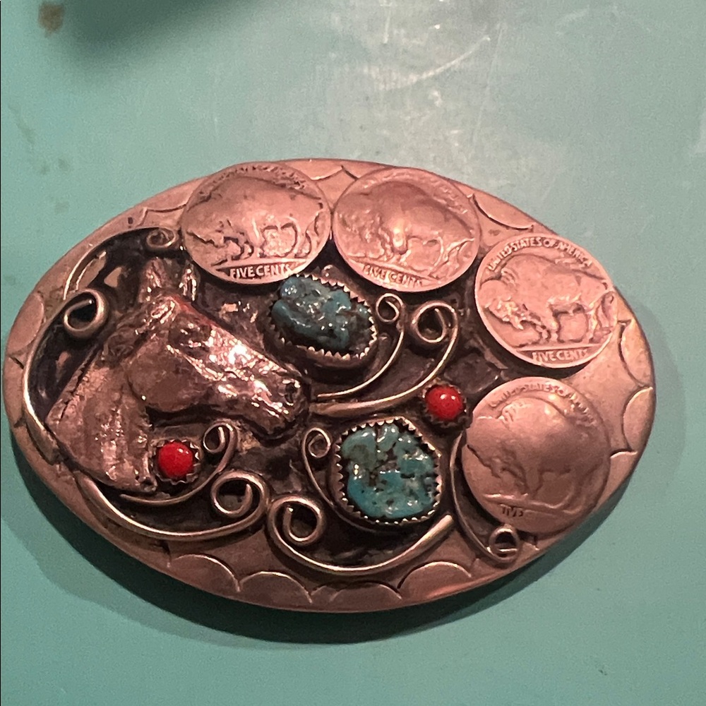 Silver and Turquoise Western Belt Buckle
